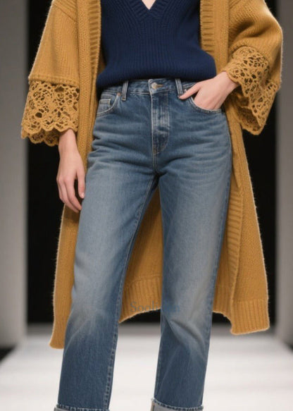 Simple Brown Oversized Patchwork Lace Cardigan Fall