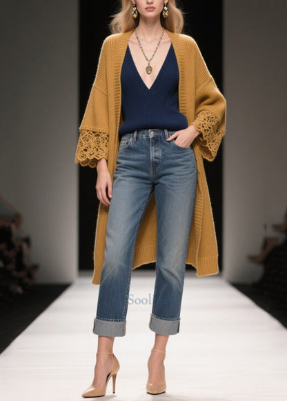 Simple Brown Oversized Patchwork Lace Cardigan Fall