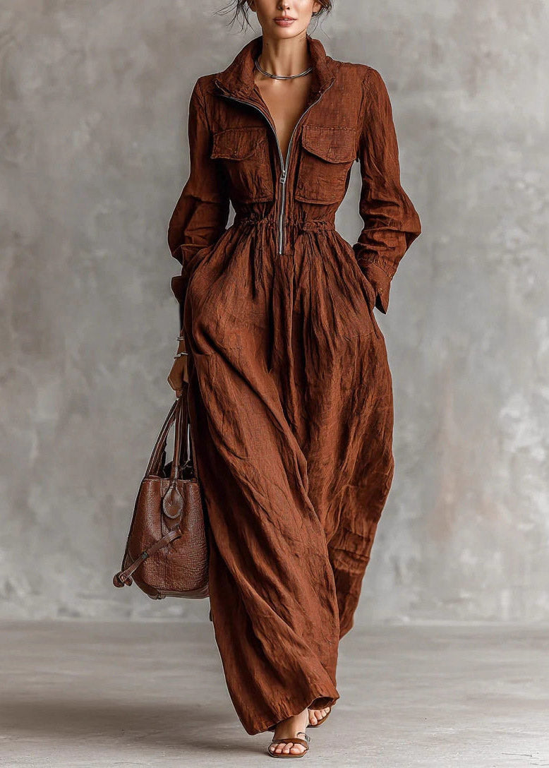 Simple Brown Peter Pan Collar Elastic Waist Pockets Maxi Dress Long Sleeve