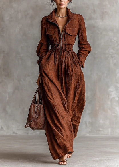 Simple Brown Peter Pan Collar Elastic Waist Pockets Maxi Dress Long Sleeve