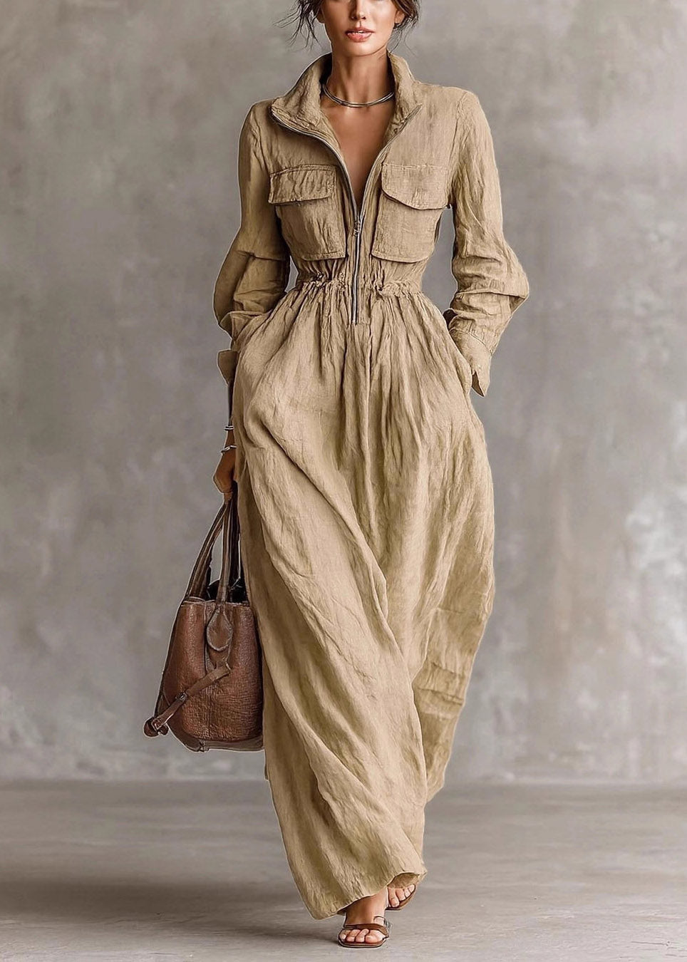 Simple Brown Peter Pan Collar Elastic Waist Pockets Maxi Dress Long Sleeve