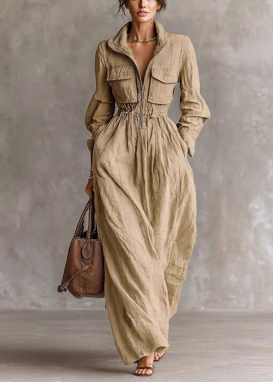 Simple Brown Peter Pan Collar Elastic Waist Pockets Maxi Dress Long Sleeve