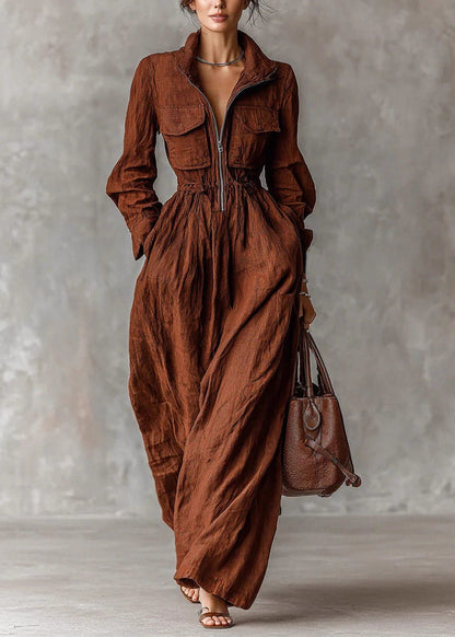 Simple Brown Peter Pan Collar Elastic Waist Pockets Maxi Dress Long Sleeve