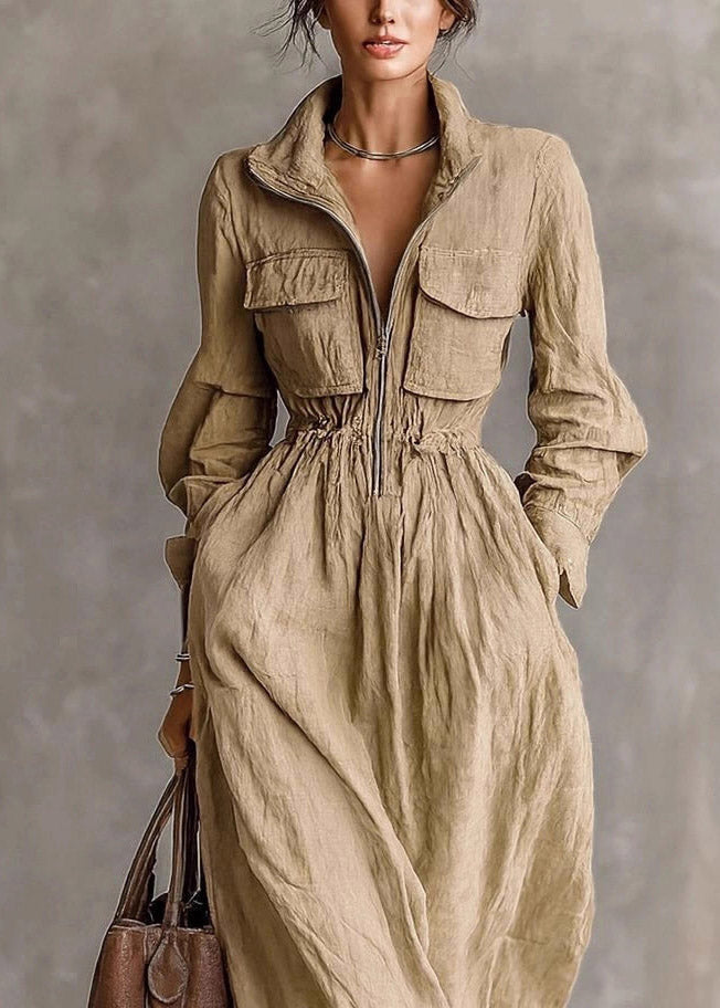 Simple Brown Peter Pan Collar Elastic Waist Pockets Maxi Dress Long Sleeve