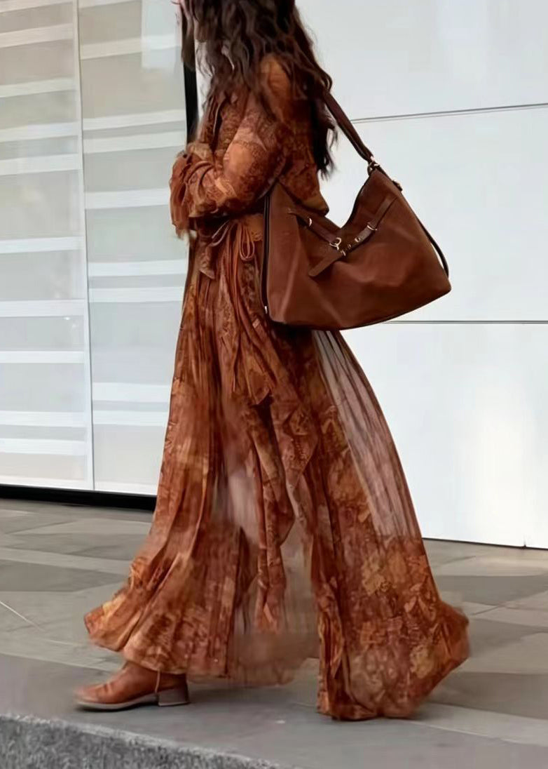 Simple Brown Print Asymmetrical Side Open Maxi Dress Long Sleeve