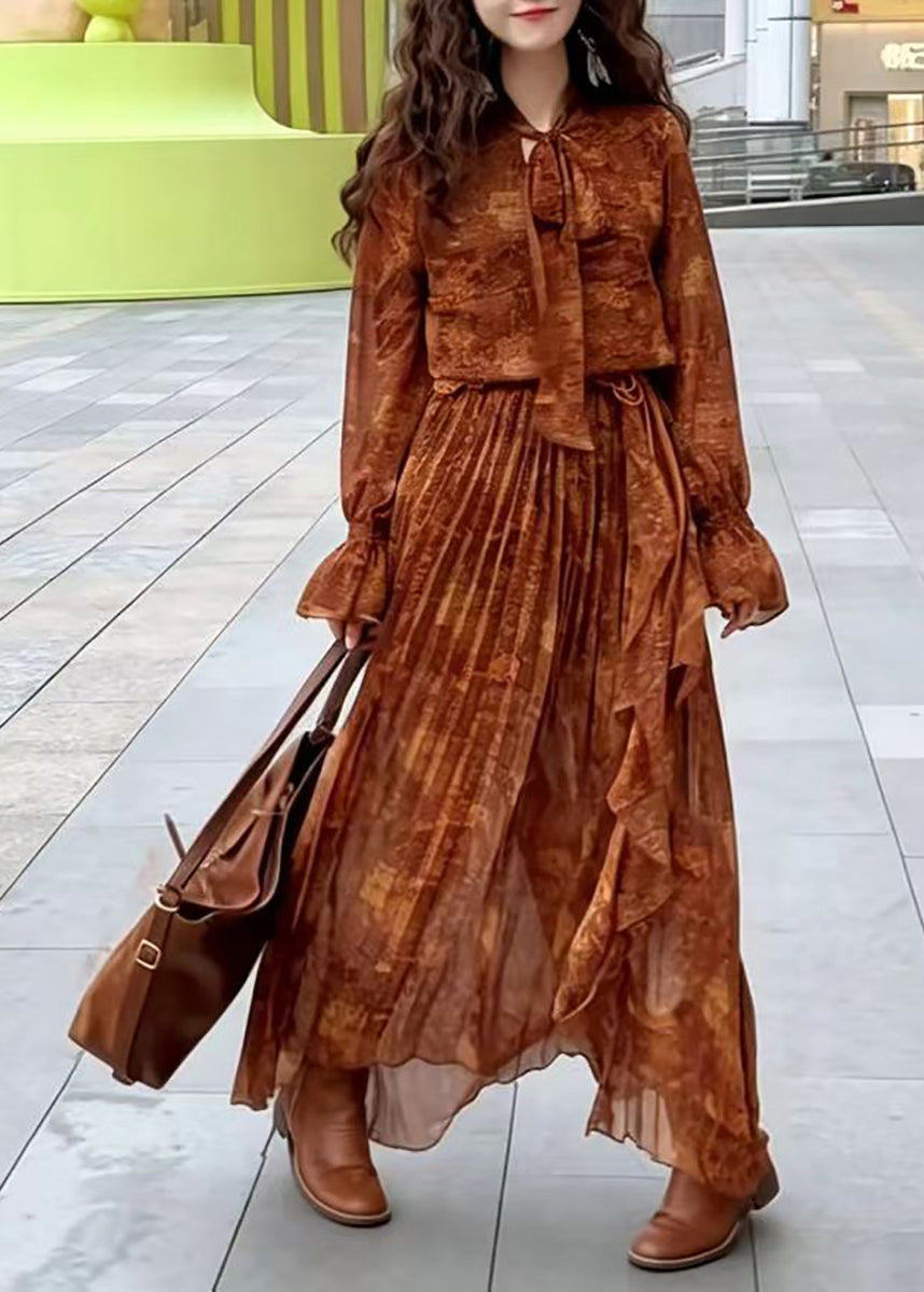 Simple Brown Print Asymmetrical Side Open Maxi Dress Long Sleeve