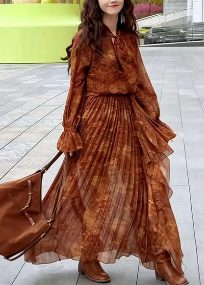 Simple Brown Print Asymmetrical Side Open Maxi Dress Long Sleeve