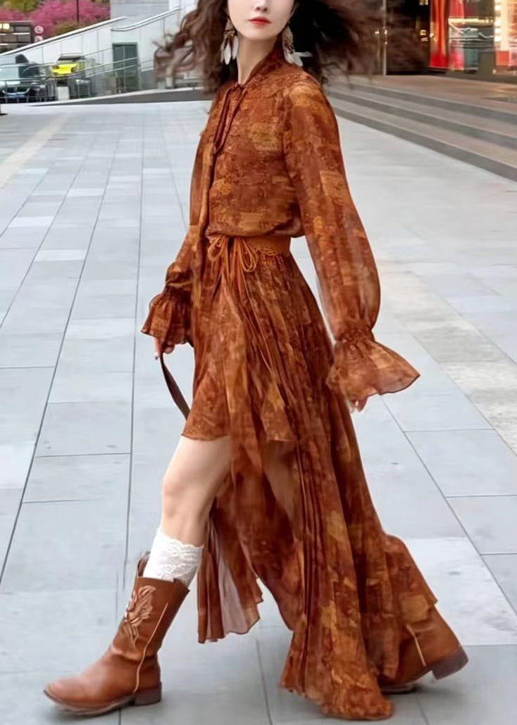 Simple Brown Print Asymmetrical Side Open Maxi Dress Long Sleeve