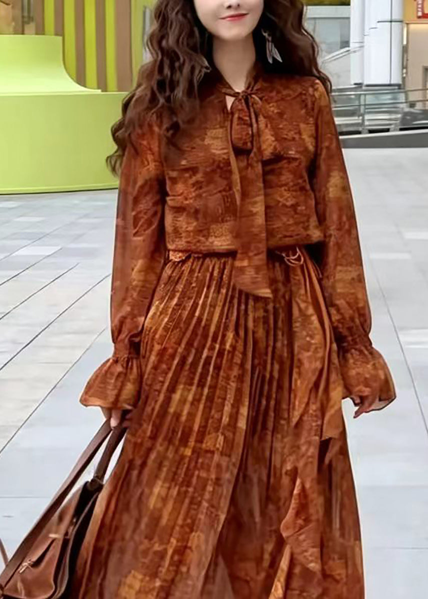 Simple Brown Print Asymmetrical Side Open Maxi Dress Long Sleeve