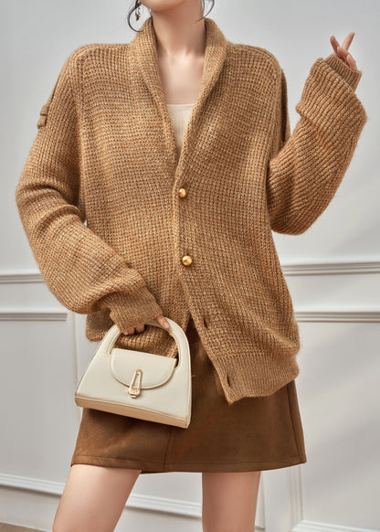 Simple Brown V Neck Button Cozy Knit Coats Winter