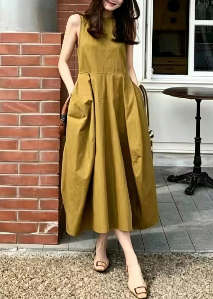 Simple Brown Yellow Pockets Exra Large Hem Dresses Sleeveless