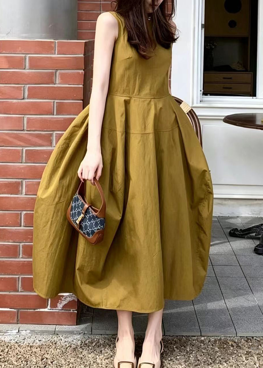 Simple Brown Yellow Pockets Exra Large Hem Dresses Sleeveless