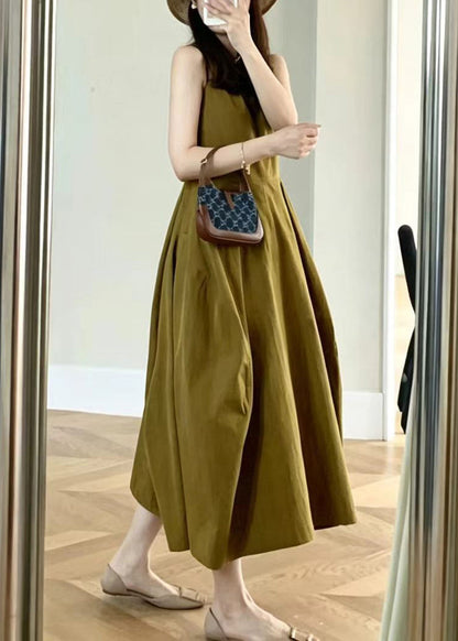Simple Brown Yellow Pockets Exra Large Hem Dresses Sleeveless