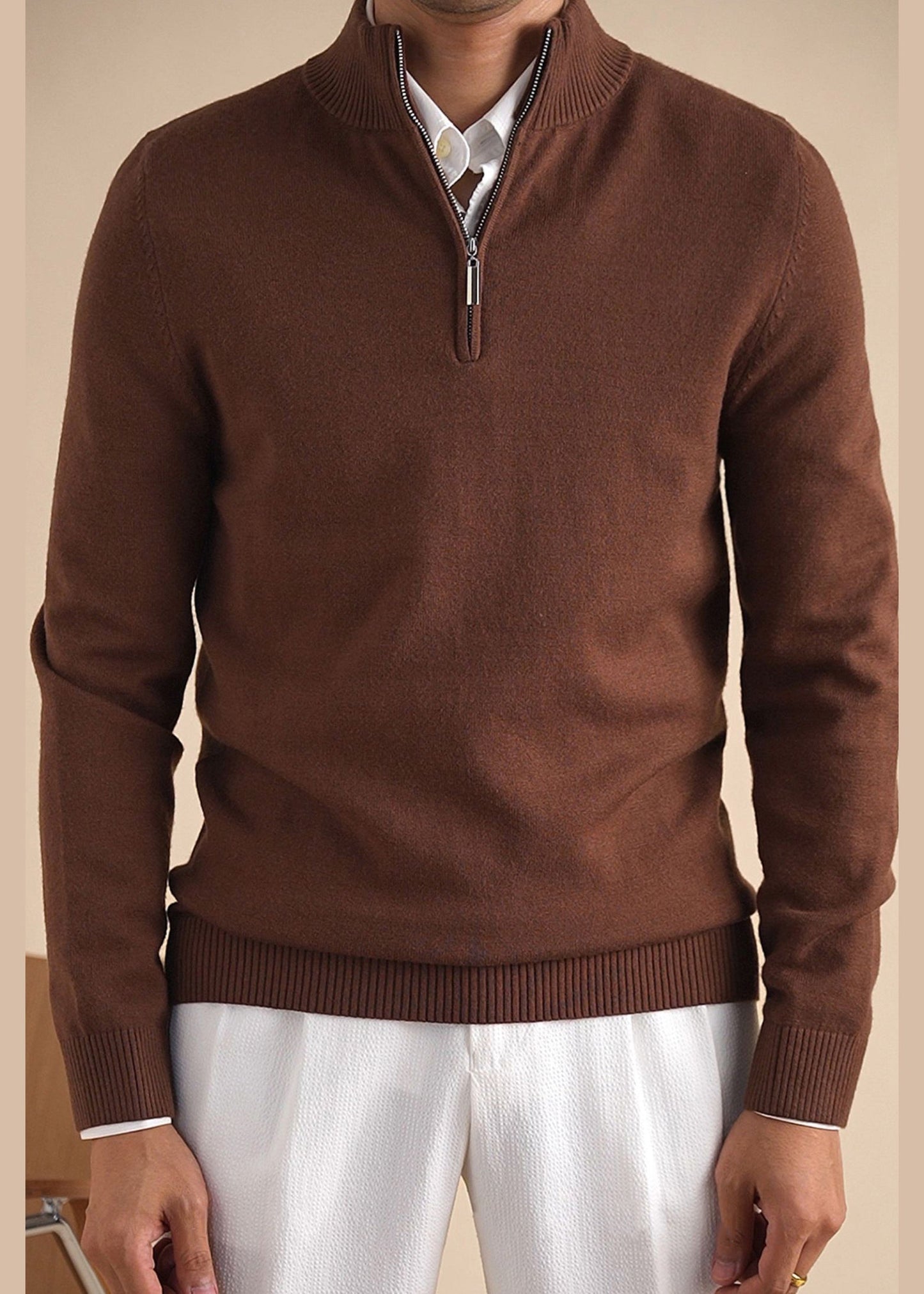 Simple Brown Zip Up Cozy Knit Mens Sweaters Casual Clothing