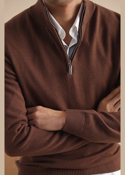 Simple Brown Zip Up Cozy Knit Mens Sweaters Casual Clothing
