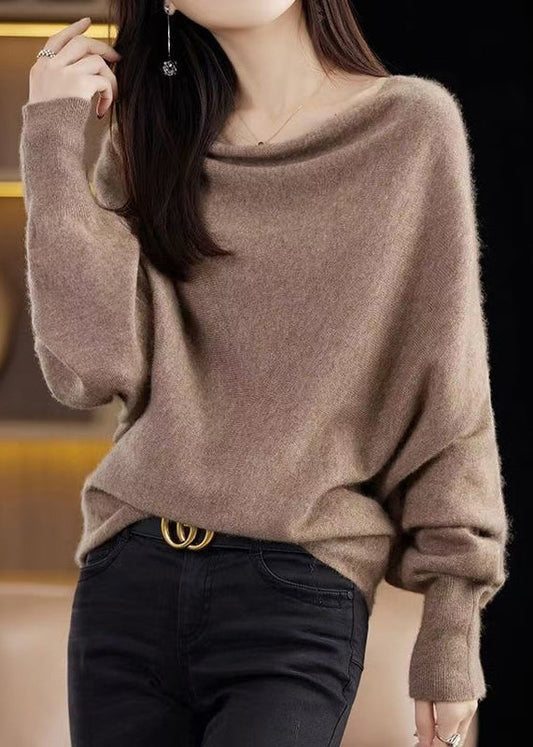 Simple Camel Cozy Solid Cashmere Knit Sweater Batwing Sleeve