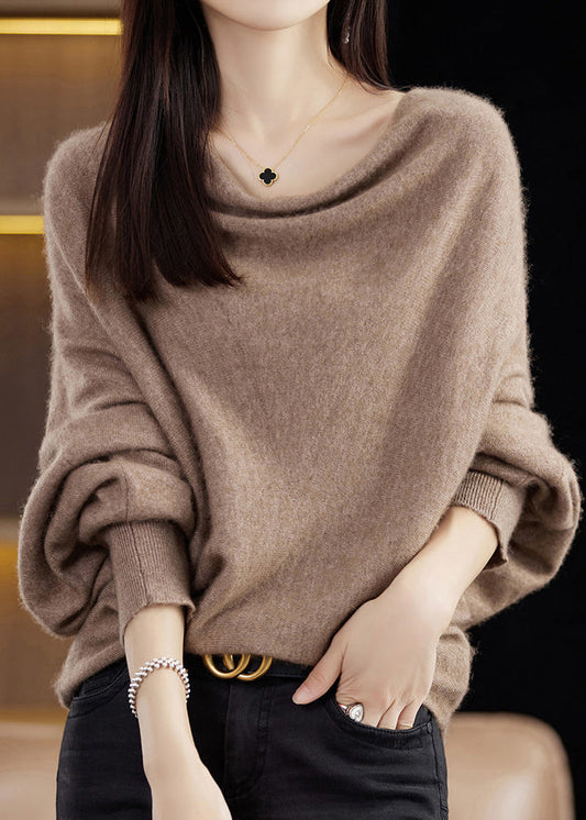 Simple Camel Cozy Solid Cashmere Knit Sweater Batwing Sleeve