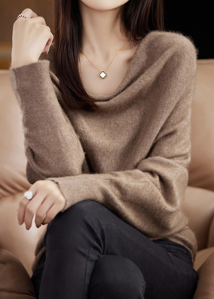Simple Camel Cozy Solid Cashmere Knit Sweater Batwing Sleeve