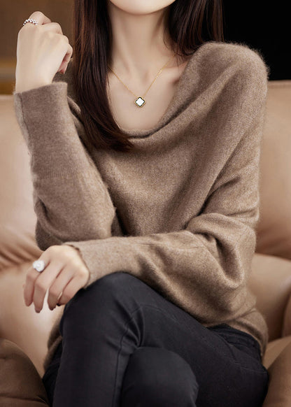 Simple Camel Cozy Solid Cashmere Knit Sweater Batwing Sleeve