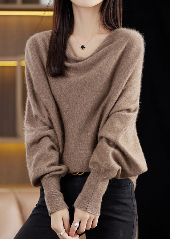 Simple Camel Cozy Solid Cashmere Knit Sweater Batwing Sleeve