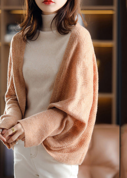 Simple Camel V Neck Button Hollow Out Knit Cape Spring