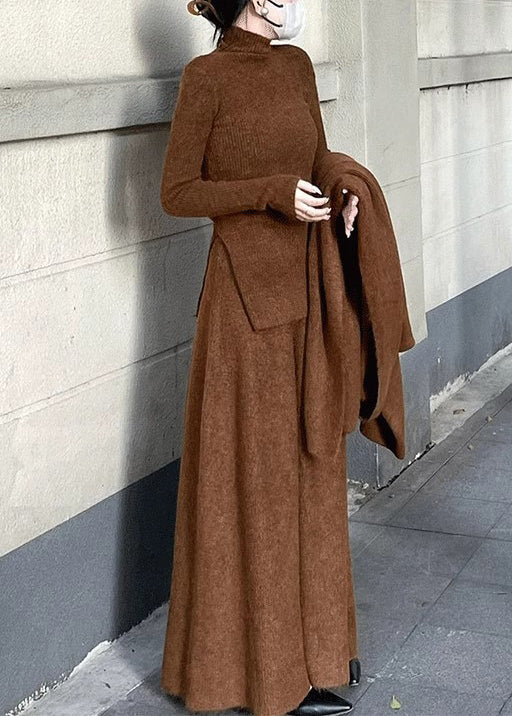 Simple Caramel Turtleneck Side Open Solid Knit Two Pieces Set Spring