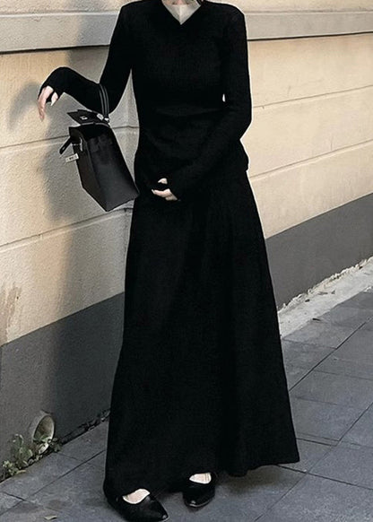 Simple Caramel Turtleneck Side Open Solid Knit Two Pieces Set Spring