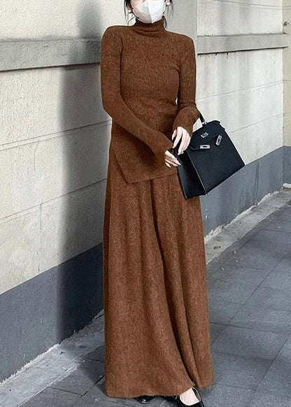 Simple Caramel Turtleneck Side Open Solid Knit Two Pieces Set Spring