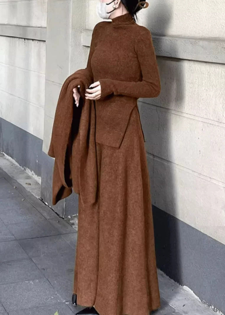 Simple Caramel Turtleneck Side Open Solid Knit Two Pieces Set Spring