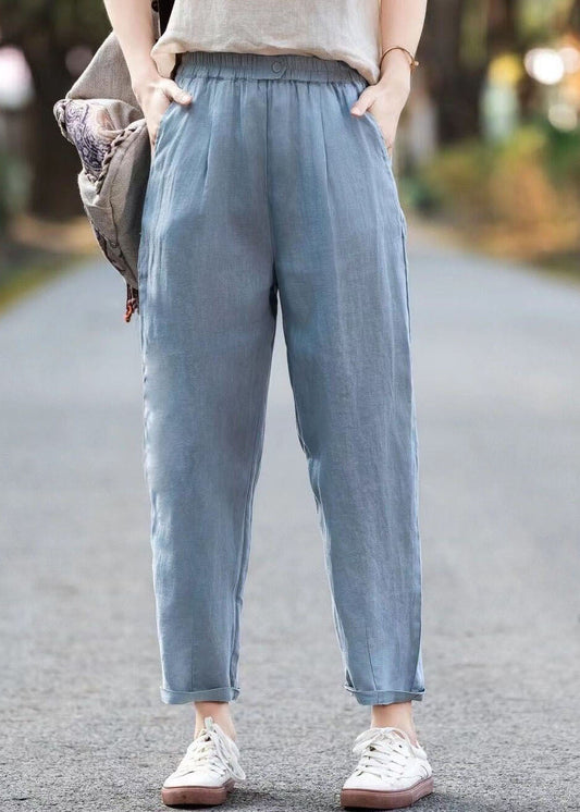 Simple Casual Blue Pockets Elastic Waist Linen Pants Summer