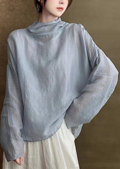 Simple Chic White Turtle Neck Patchwork Linen Shirts Long Sleeve