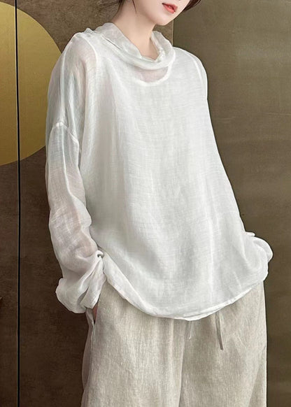 Simple Chic White Turtle Neck Patchwork Linen Shirts Long Sleeve