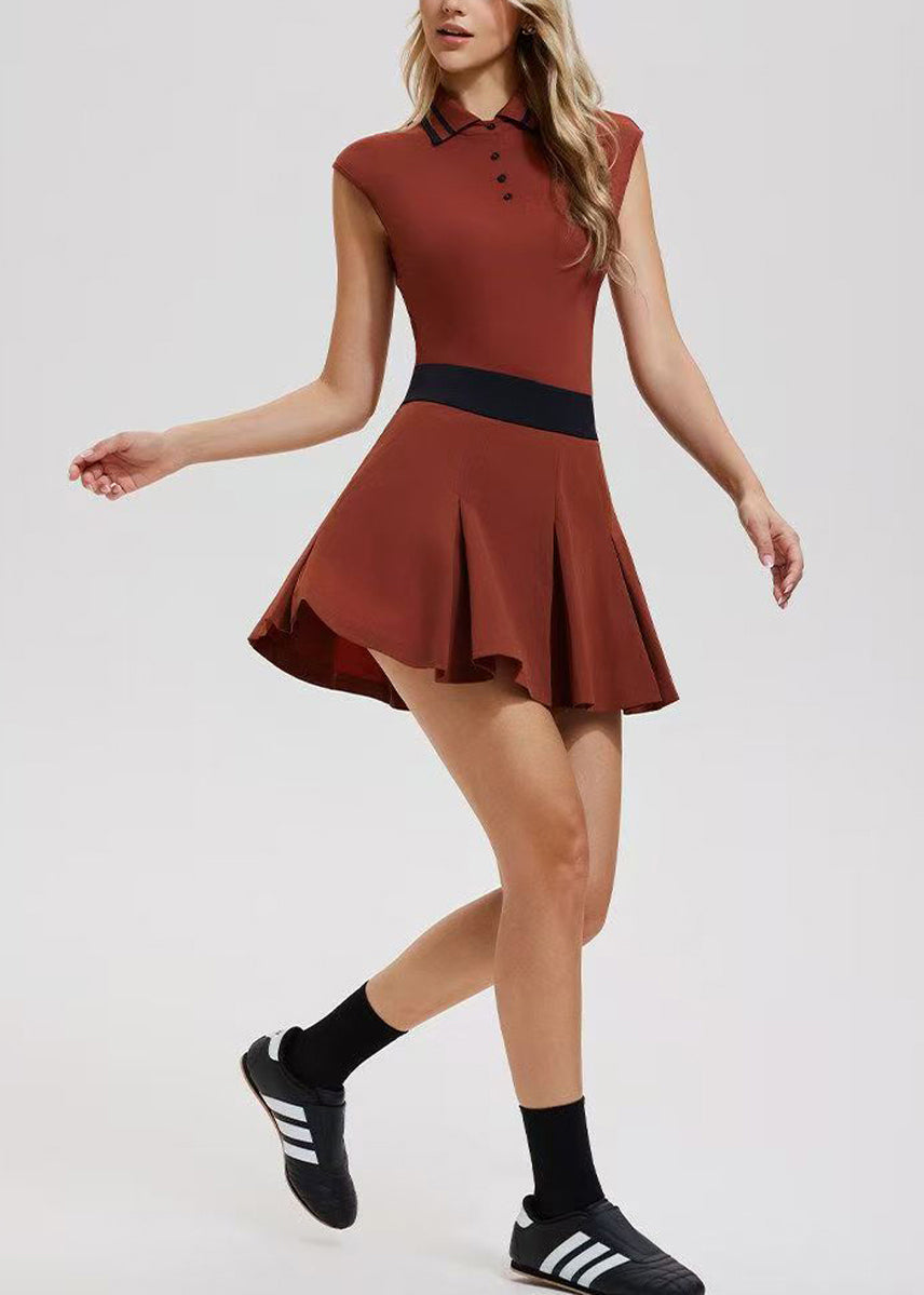 Simple Chocolate Polo Collar Built-In Shorts Sleeveless Tennis Sportswear Two Piece Set
