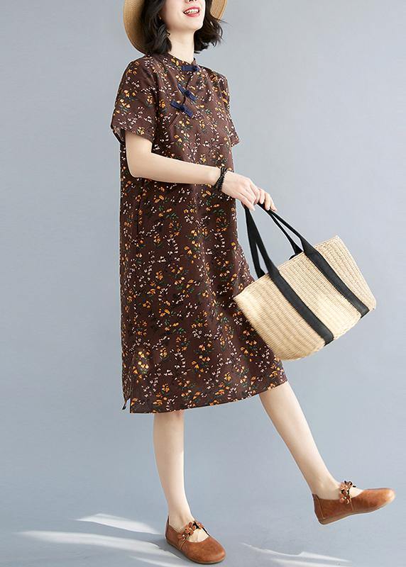 Simple Chocolate Print Oriental Maxi Summer Cotton Dress - SooLinen