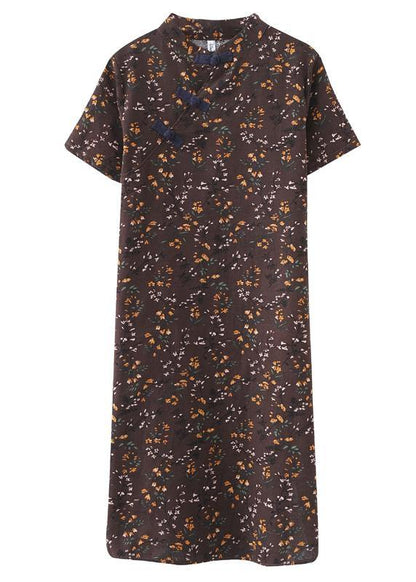 Simple Chocolate Print Oriental Maxi Summer Cotton Dress - SooLinen
