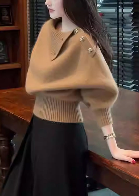 Simple Coffee Button Cozy Knit Sweater Winter
