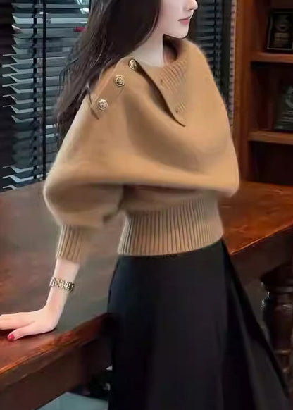 Simple Coffee Button Cozy Knit Sweater Winter