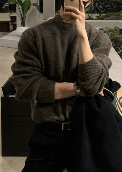 Simple Coffee Cozy Solid Knit Men Sweaters Winter