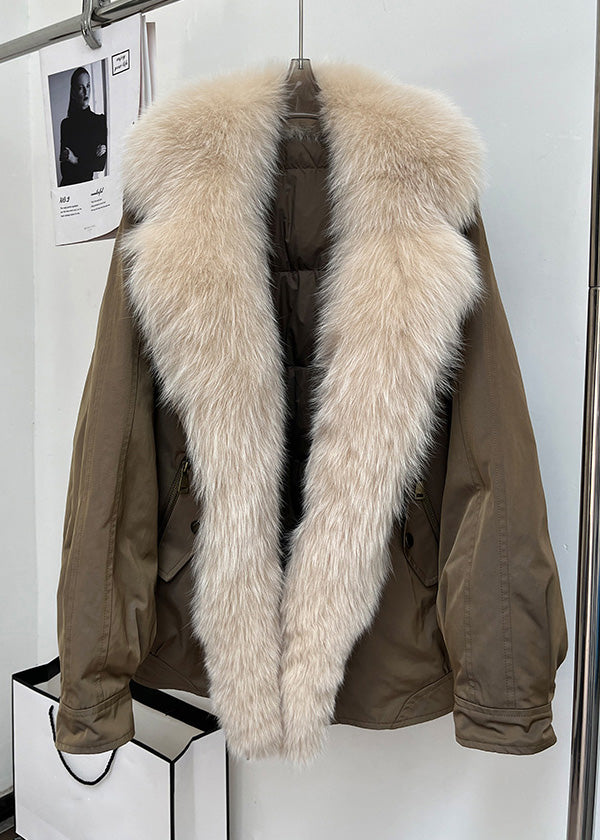 Simple Coffee Fur Collar Removable Pockets cotton blend Parka