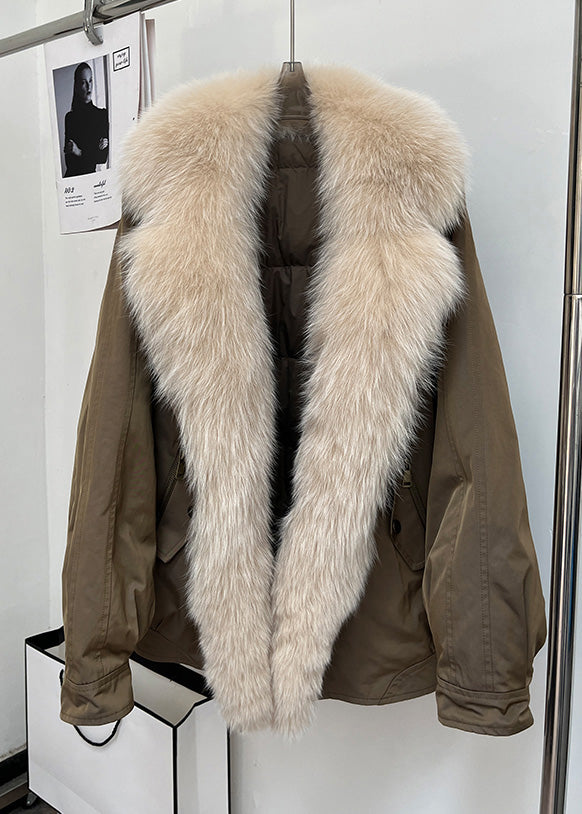 Simple Coffee Fur Collar Removable Pockets cotton blend Parka