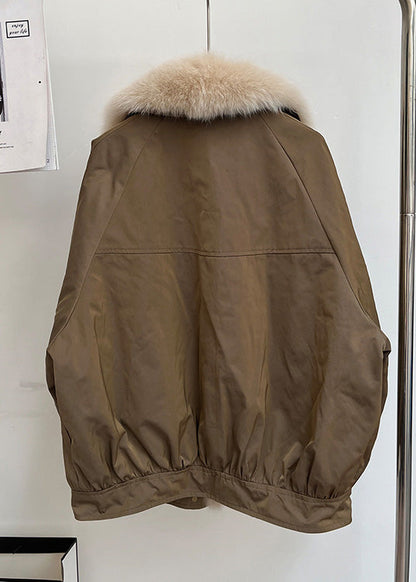 Simple Coffee Fur Collar Removable Pockets cotton blend Parka