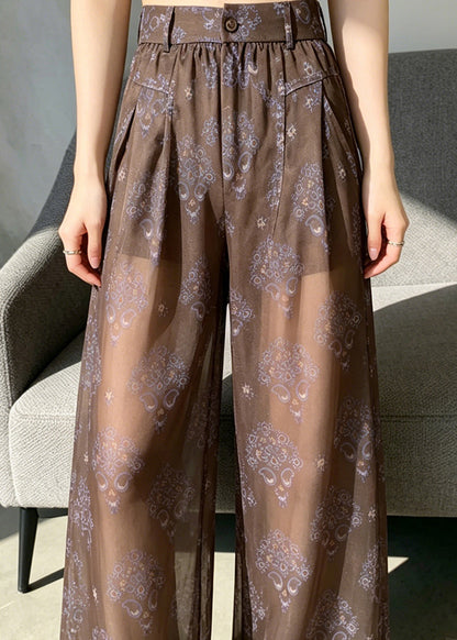 Simple Coffee High Waist Print Sheer Chiffon Pants Summer