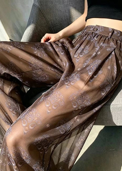 Simple Coffee High Waist Print Sheer Chiffon Pants Summer