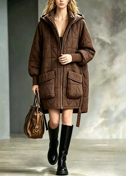Simple Coffee Hooded Big Pockets Diamond Quilted Cotton Filled Coats Winter