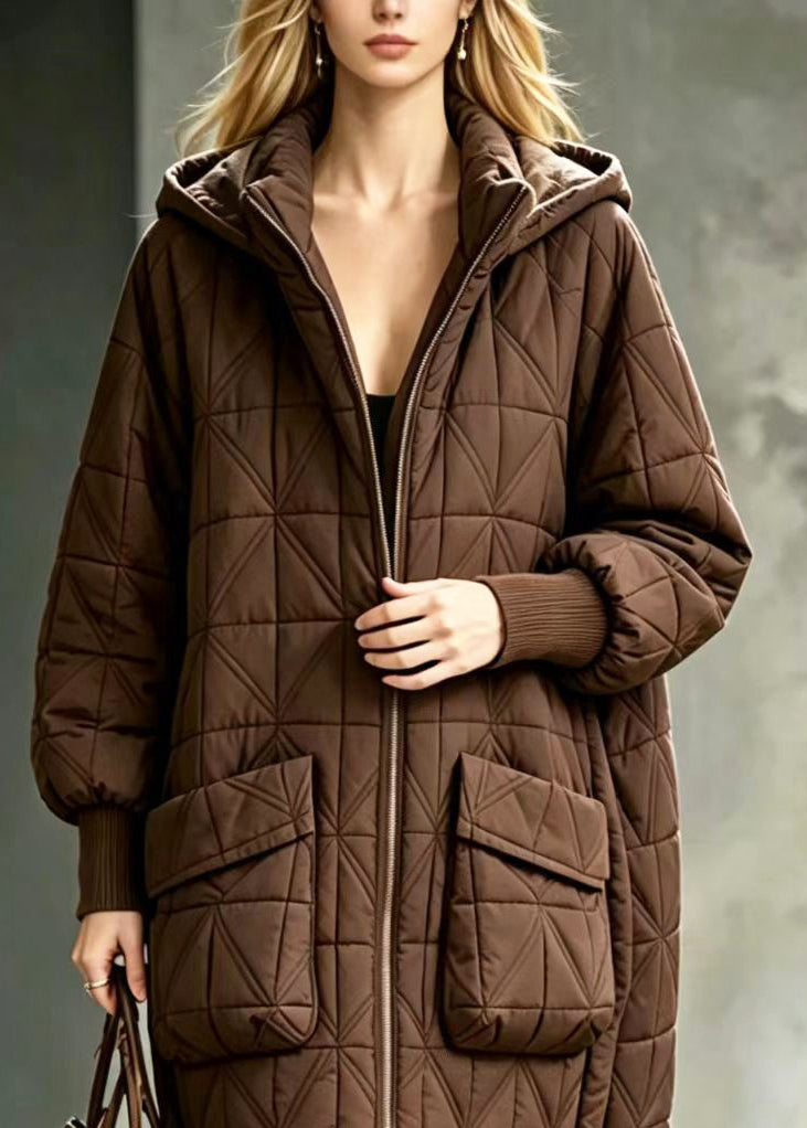 Simple Coffee Hooded Big Pockets Diamond Quilted Cotton Filled Coats Winter