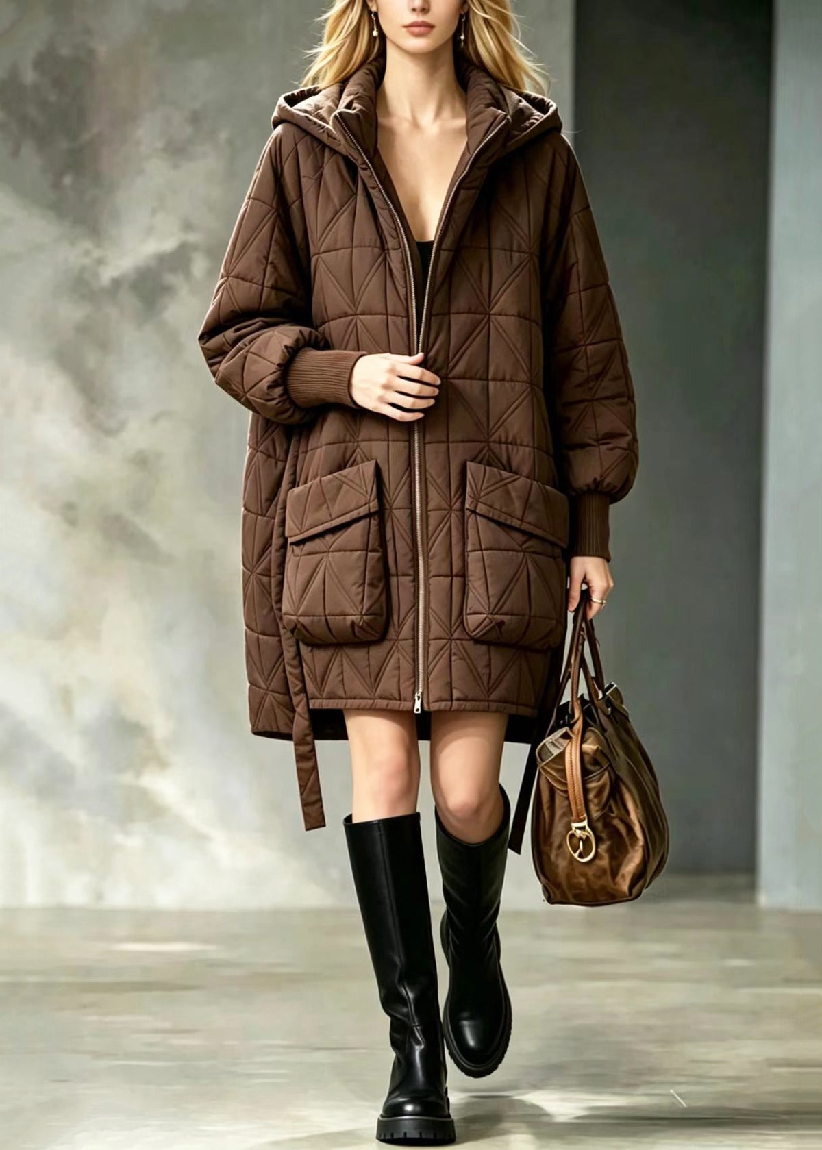 Simple Coffee Hooded Big Pockets Diamond Quilted Cotton Filled Coats Winter