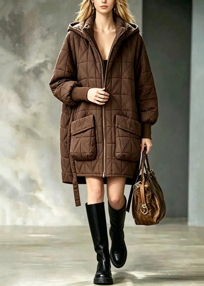 Simple Coffee Hooded Big Pockets Diamond Quilted Cotton Filled Coats Winter