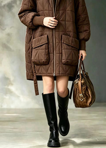 Simple Coffee Hooded Big Pockets Diamond Quilted Cotton Filled Coats Winter