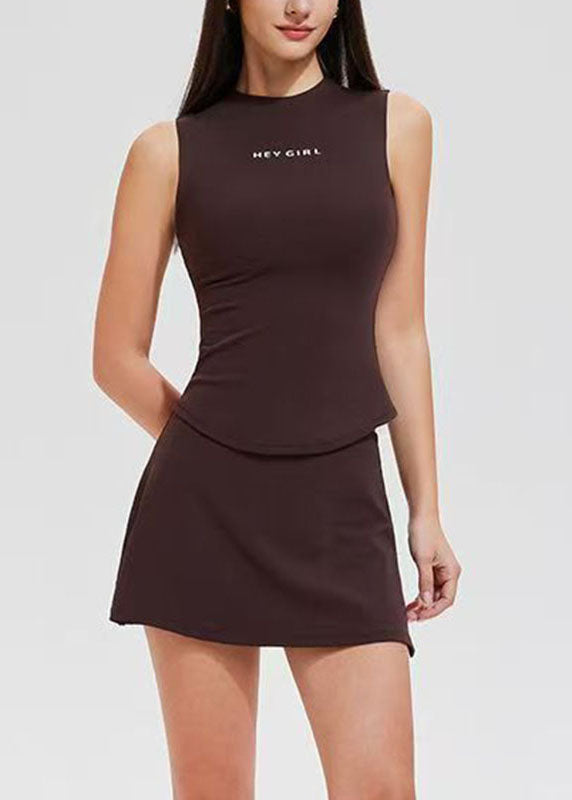 Simple Coffee O-Neck Tennis Sportswear Two-Piece Set Sleeveless