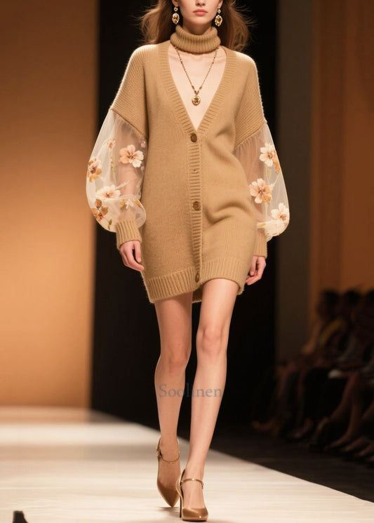 Simple Coffee Oversized Patchwork Tulle Knit Cardigans Fall